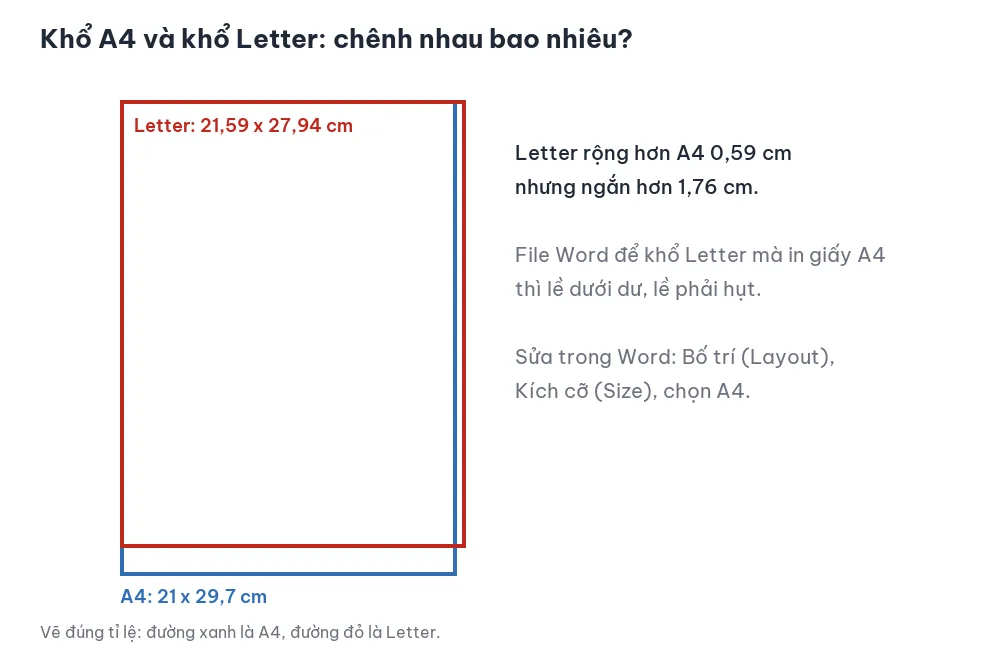So sánh khổ giấy A4 và khổ Letter vẽ đúng tỉ lệ khi chuyển Word sang PDF