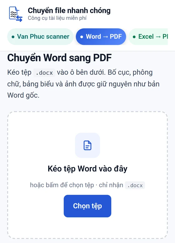 Chuyển Word sang PDF trên điện thoại, ô chọn tệp vừa khít bề ngang màn hình