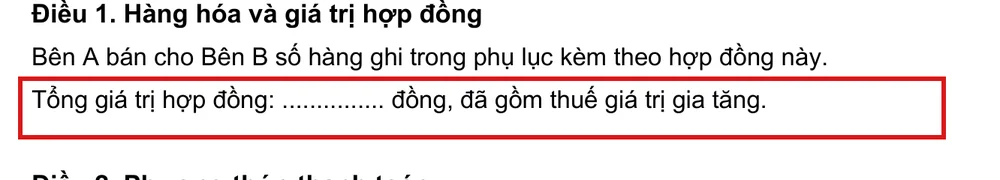 Khung đỏ khoanh vào dòng tổng giá trị hợp đồng, được thêm vào sau khi tệp đã ký