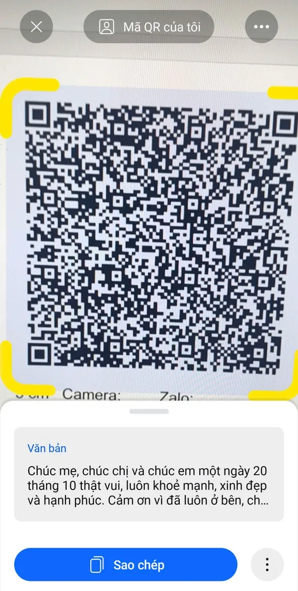 Quét mã QR lời chúc bằng Zalo: thẻ Văn bản hiện lời chúc tiếng Việt có dấu, kèm nút Sao chép