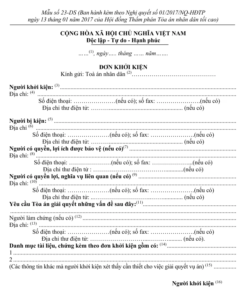 Mẫu đơn khởi kiện số 23-DS trang 1, có các số mục nhỏ từ 1 tới 16 cạnh từng dòng cần điền