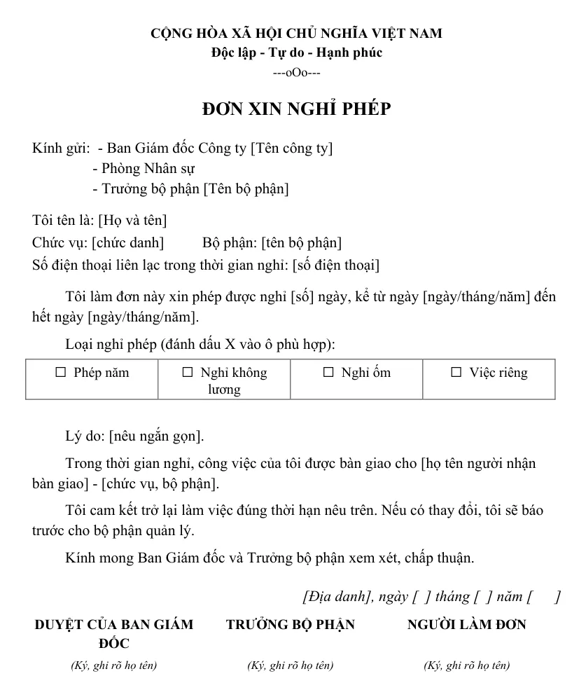 Mẫu đơn xin nghỉ phép có quốc hiệu, bố cục một trang A4 với bốn ô chọn loại nghỉ