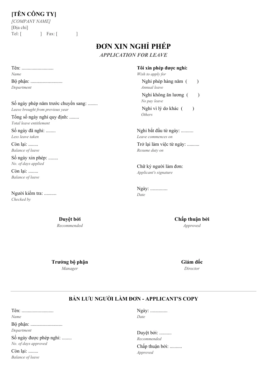 Mẫu đơn xin nghỉ phép song ngữ Anh Việt có bảng tính số ngày phép còn lại và bản lưu cho người làm đơn