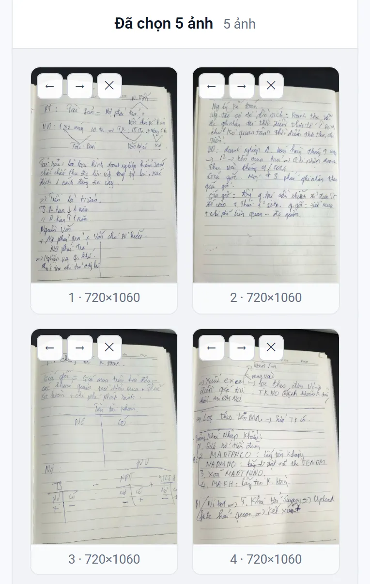 Nộp bài online: 5 ảnh bài làm đã chọn trong công cụ Ảnh sang PDF, mỗi ô có nút đổi thứ tự và nút bỏ ảnh