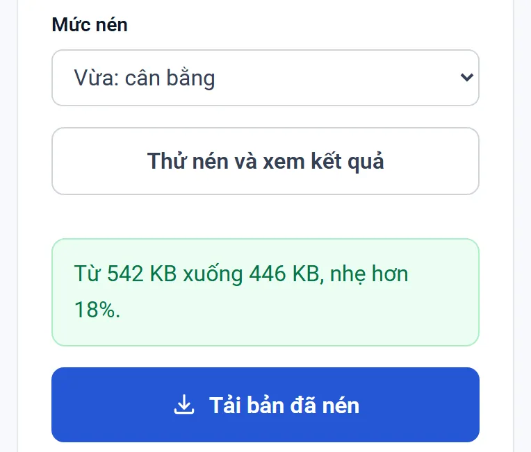 Nén file PDF để nộp bài online: chọn mức Vừa, công cụ báo từ 542 KB xuống 446 KB