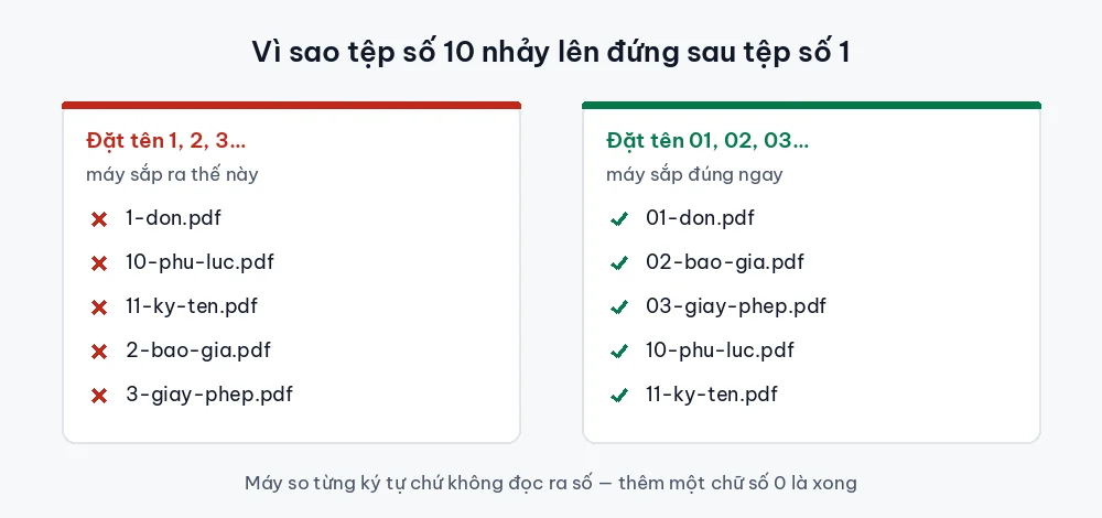 So sánh hai cách đặt tên tệp PDF: đặt 1, 2, 3 thì máy sắp sai thành 1, 10, 11, 2, 3; đặt 01, 02, 03 thì máy sắp đúng thứ tự