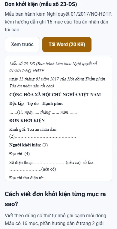 Trang tải mẫu đơn khởi kiện 23-DS mở trên điện thoại, có nút xem trước và tải file Word
