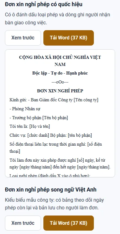 Trang tải đơn xin nghỉ phép mở trên điện thoại, có nút xem trước và tải file Word