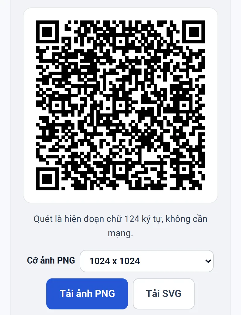 Mã QR lời chúc 124 ký tự do công cụ tạo ra, kèm nút Tải ảnh PNG và Tải SVG