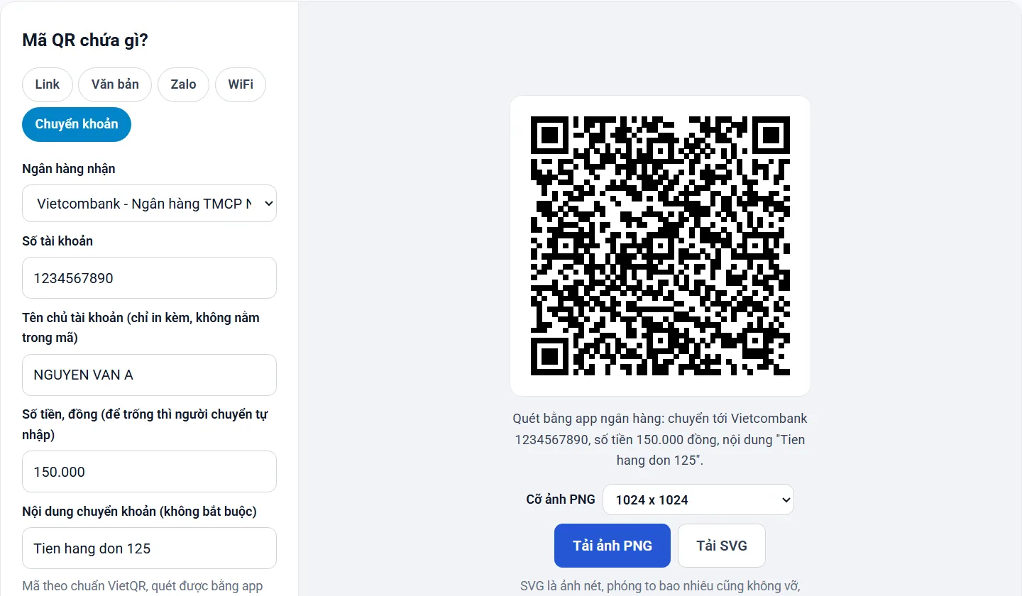 Tạo mã QR chuyển khoản có sẵn số tiền 150.000 đồng và nội dung, kèm dòng tóm tắt người nhận