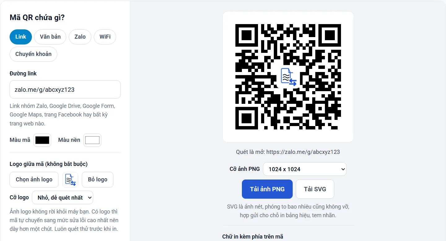 Tạo mã QR có logo ở giữa, logo đặt trên nền trắng bo góc, cỡ Nhỏ mặc định