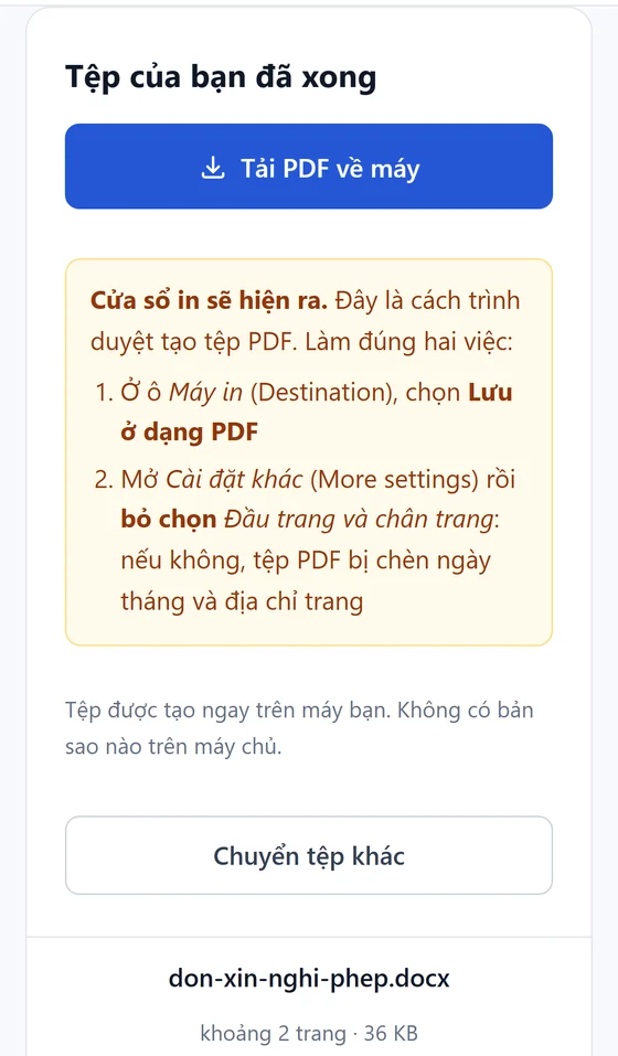 Word sang PDF trên điện thoại, trang nhắc sẵn hai việc phải làm ở cửa sổ in