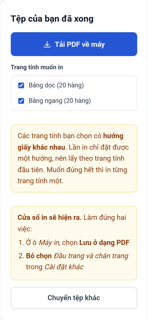 Trang tính dọc và ngang nằm chung một tệp, trang hiện dòng nhắc hướng giấy khác nhau