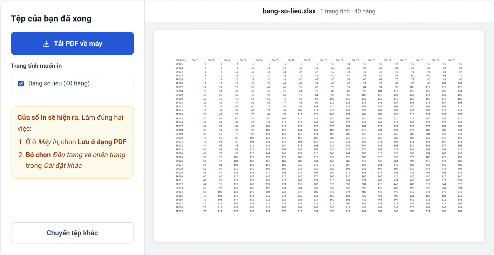 Xuất Excel sang PDF khổ ngang: bản xem trước hiện tờ giấy nằm ngang, bảng 18 cột vừa một trang